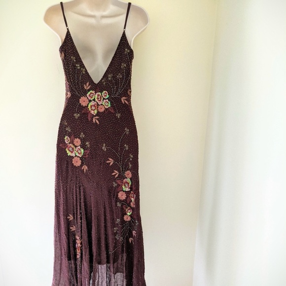 Vintage 90’s 100% Silk Dress Beaded Dress Backless Cowl Silk Slip Dress Floral - Picture 6 of 16
